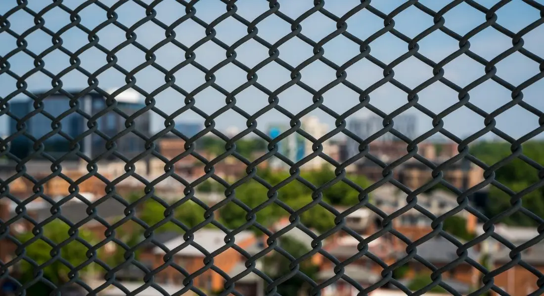 close up of chain link fence with city buildings in the background