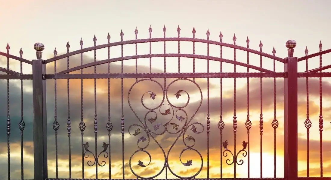 decorative wrought iron fence with ornate design at sunset