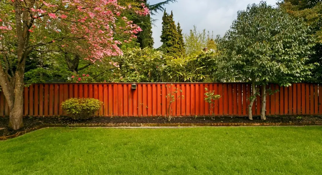 red wooden privacy fence in a landscaped backyard